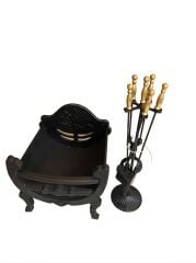 Nostaljik Metal Şömine Seti - Odunluk Sepeti ve 4'lü Maşa Takımı (Gold Detaylı)