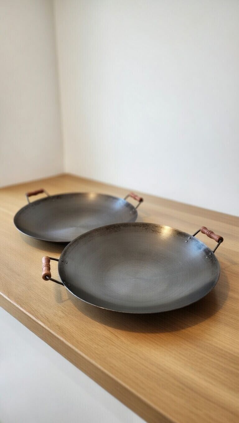 Ahşap Saplı Yuvarlak Sac Tava 40 cm 45 cm  – Kamp, Ocak Üstü ve Açık Ateş Kullanıma Uygun(