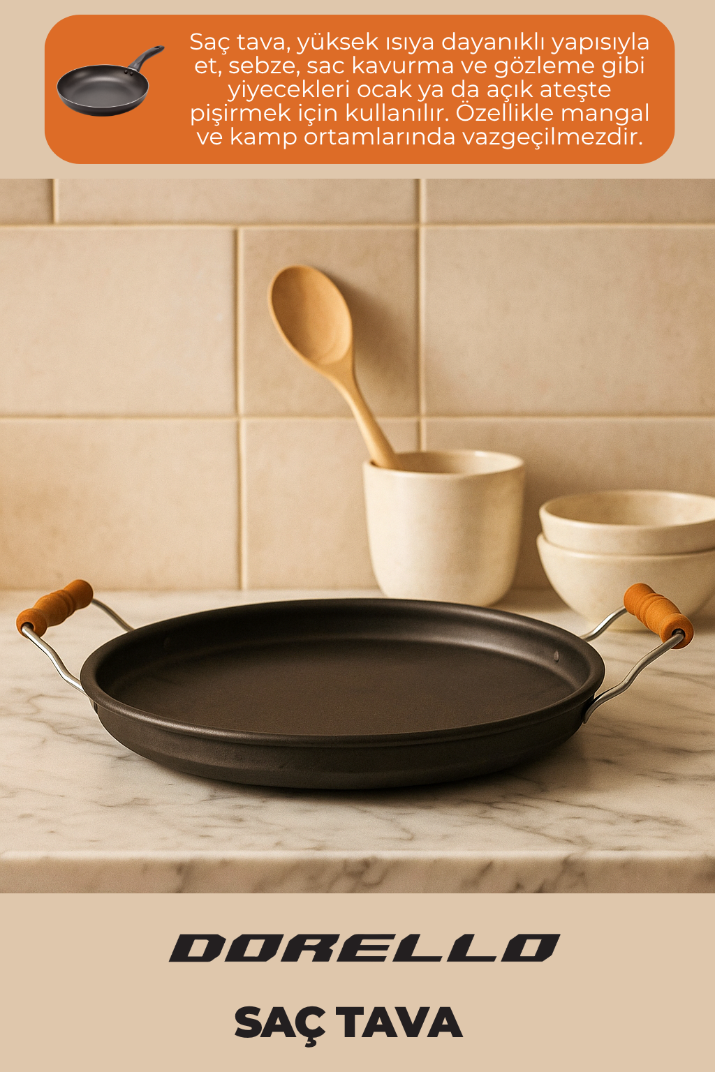 Ahşap Saplı Yuvarlak Sac Tava 40 cm – Kamp, Ocak Üstü ve Açık Ateş Kullanıma Uygun