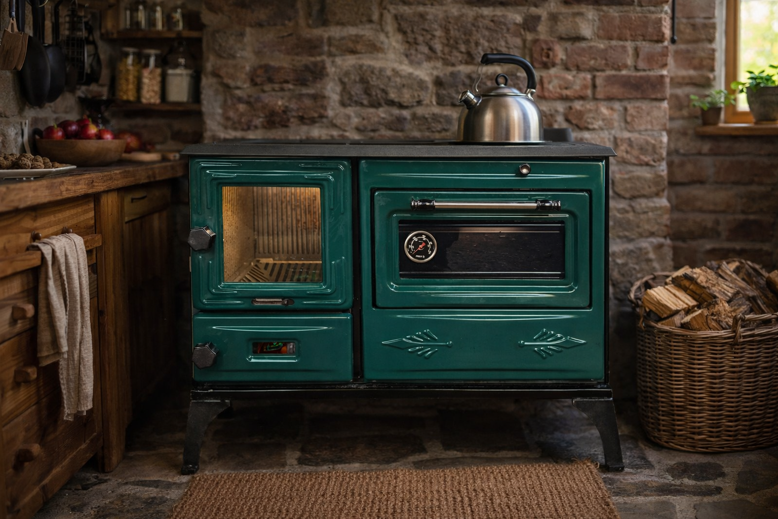 Dorello Döküm Kuzine Soba Şömine Soba – Fırınlı, Camlı, Odun Kömür Uyumlu (Yeşil )